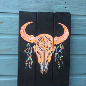 Buffalo scull schilderij- wandbord neon oranje.