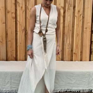 Maxi Gebreide wikkel lange katoenen jurk - off white - one size. 
