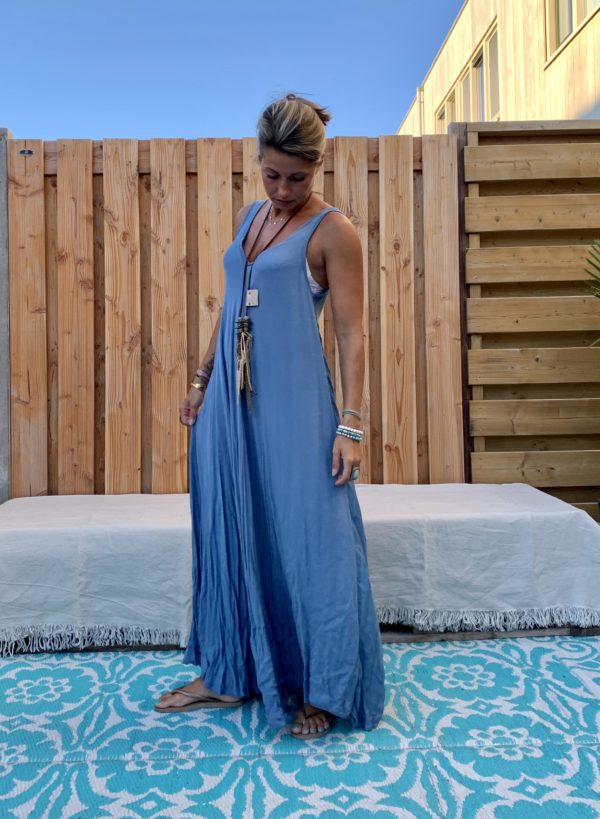 Maxi lange jurk – blauw kleur - one size.