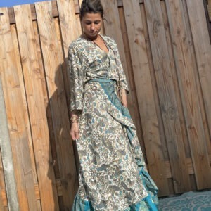 Boho Maxi Wikkel Dress - one size - Bruin -Blauw kleur.