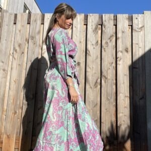 Boho Maxi Wikkel Dress – one size – fuchsia roze en Blauw kleur.