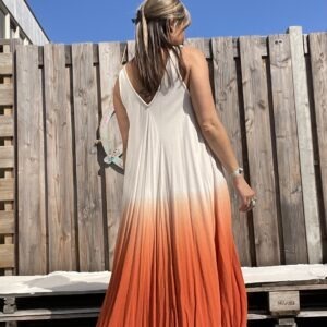 Maxi gekleurde lange jurk – Off White met oranje- one size.
