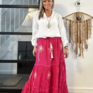 Maxi rok met palm bommen- one size - Fel roze kleur.